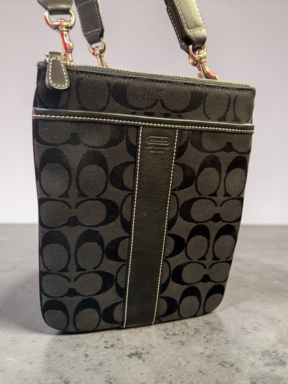 Coach Black Signature Jacquard swing pack crossbody Pouch with Leather Trim